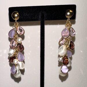 Gold Tone Dangle Earrings – Pink & Purple Teardrop Beads with Faux Pearls